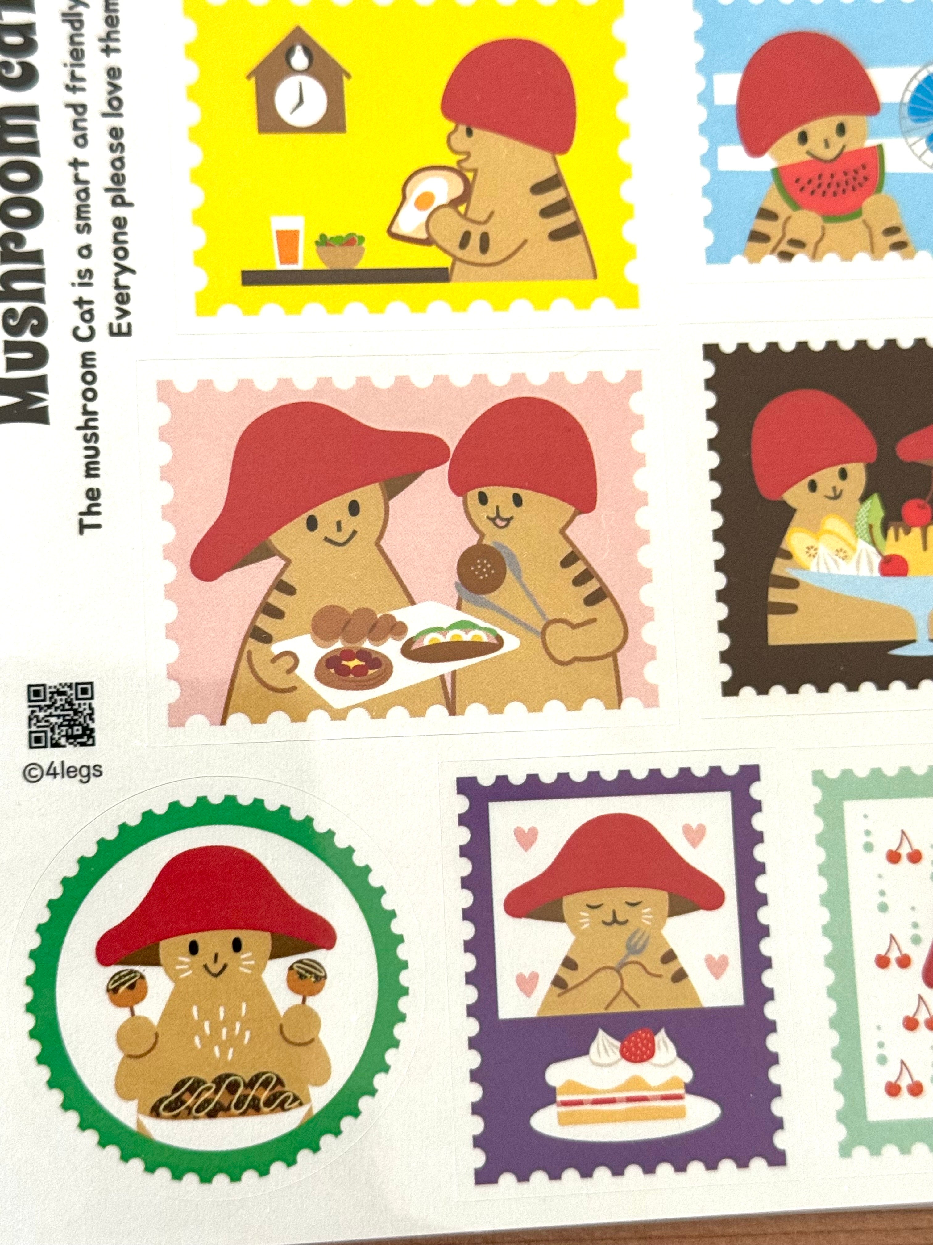 [Mushroom Cat] Mushroom Cat Meal Time! Postage Stamp sticker sheet x 4legs • *Shop exclusive
