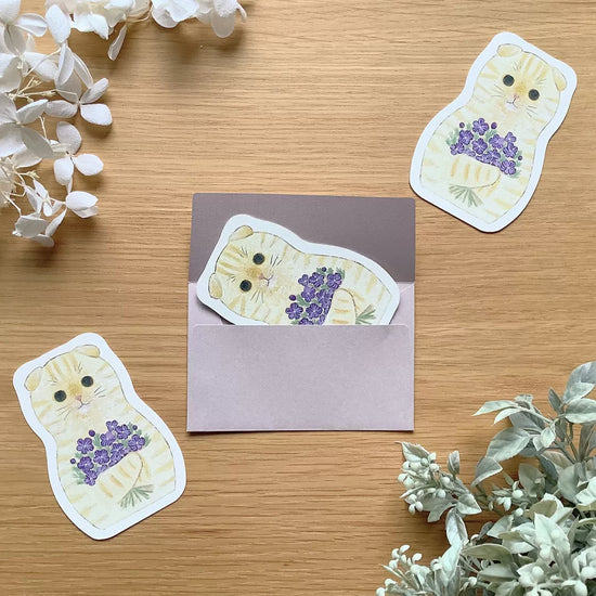 [4legs] Cream Cat + Flowers mini message card