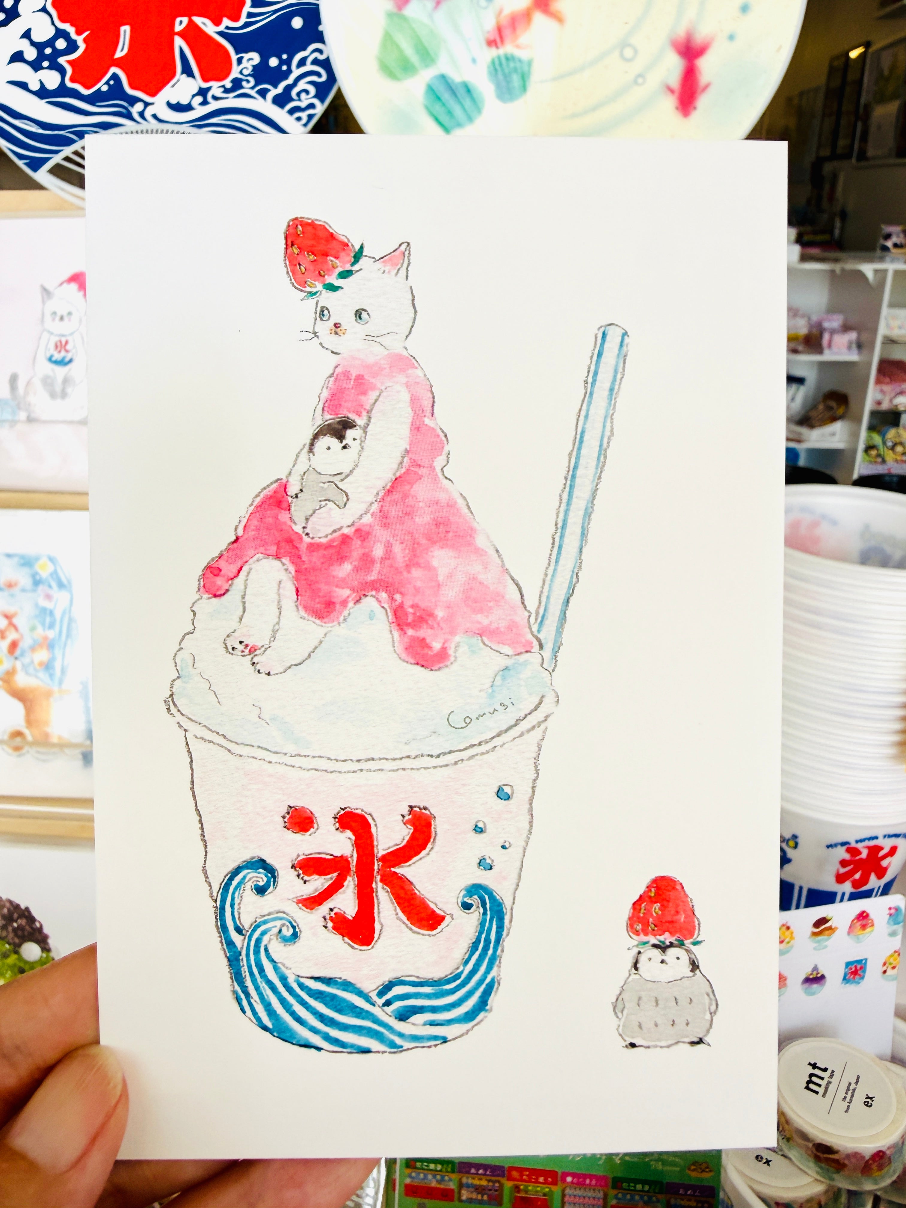 [TOCORO COMUGI] Strawberry Shaved Ice Nyanko & Penguin postcard