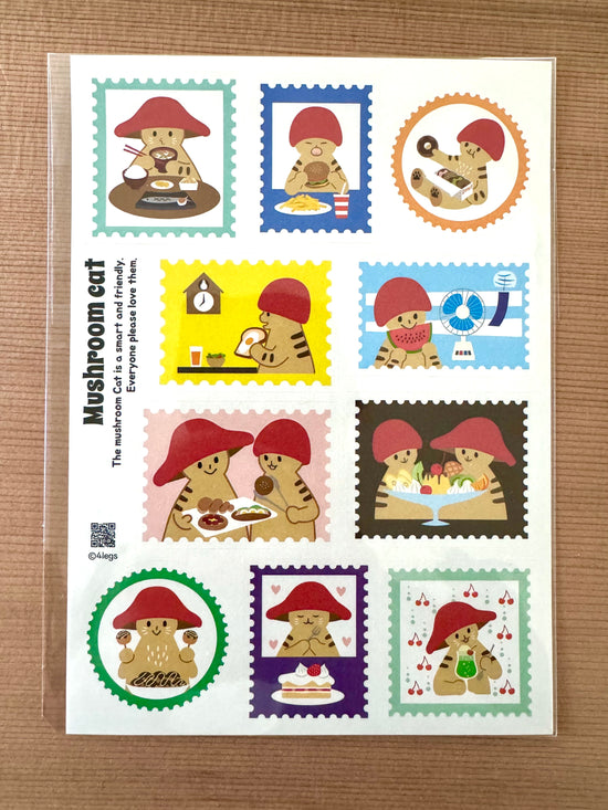 [Mushroom Cat] Mushroom Cat Meal Time! Postage Stamp sticker sheet x 4legs • *Shop exclusive