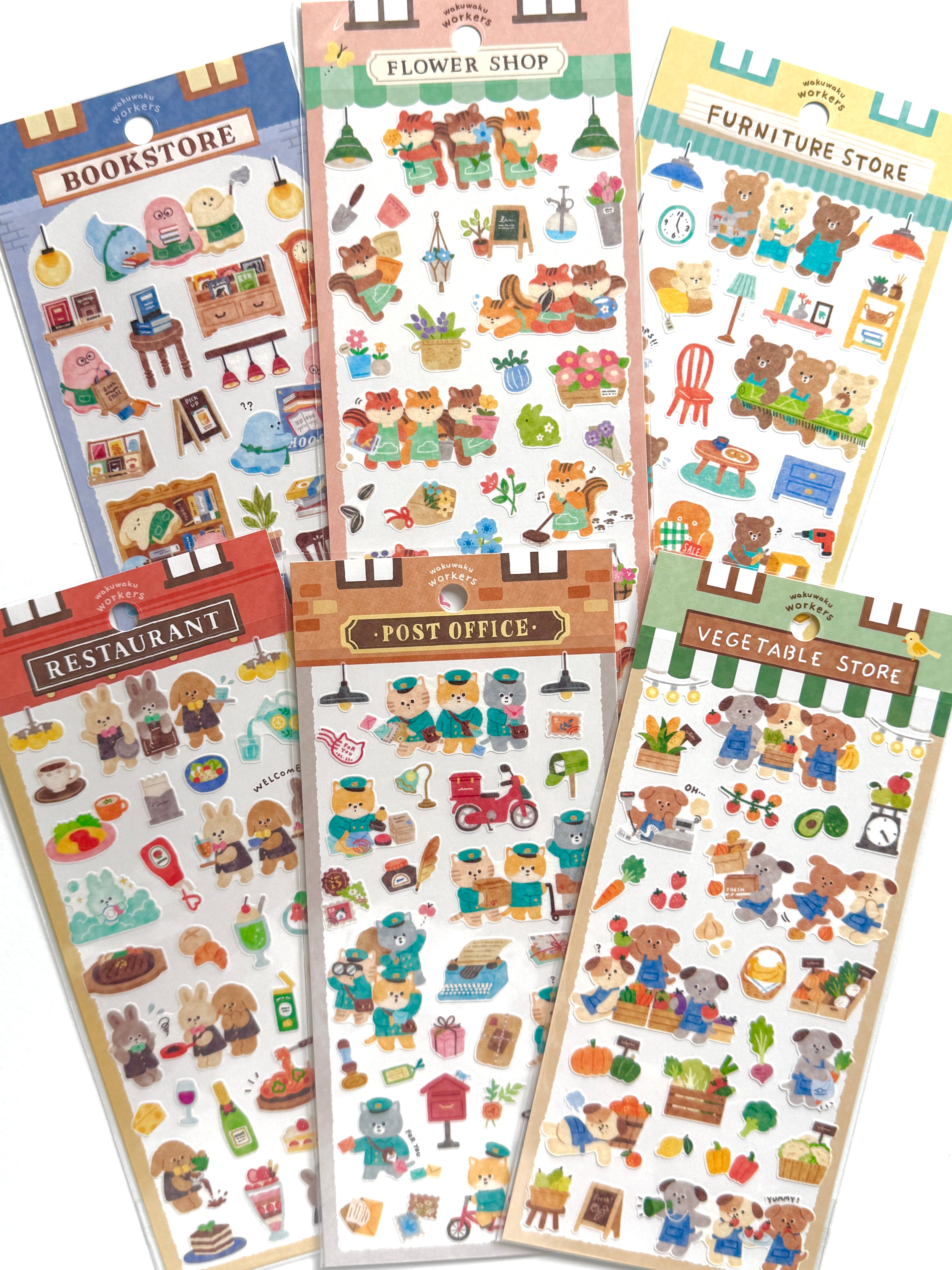 [MIND WAVE] Waku Waku series • Bookstore, Flower, Furniture, Post Office, Restaurant and Vegetable Store sticker sheet