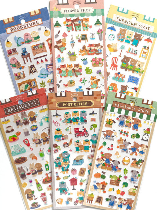 [MIND WAVE] Waku Waku series • Bookstore, Flower, Furniture, Post Office, Restaurant and Vegetable Store sticker sheet