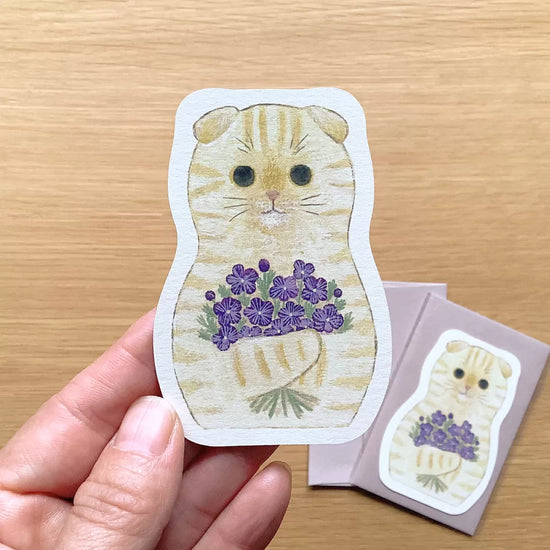 [4legs] Cream Cat + Flowers mini message card