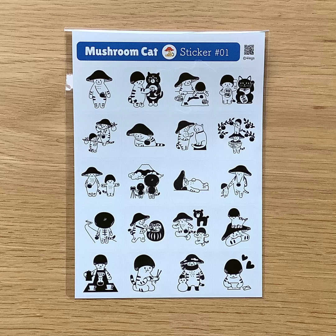 [Mushroom Cat] Hanko Stamp Monochrome sticker sheet