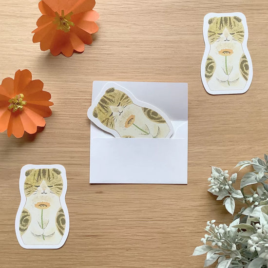 [4legs] Tan Cat + Gerbera Daisy mini message card