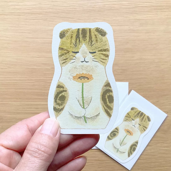 [4legs] Tan Cat + Gerbera Daisy mini message card