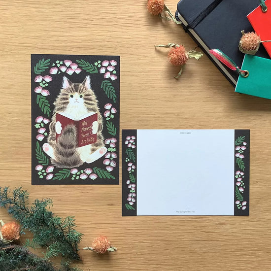[4legs] Norwegian Cat x Books postcard