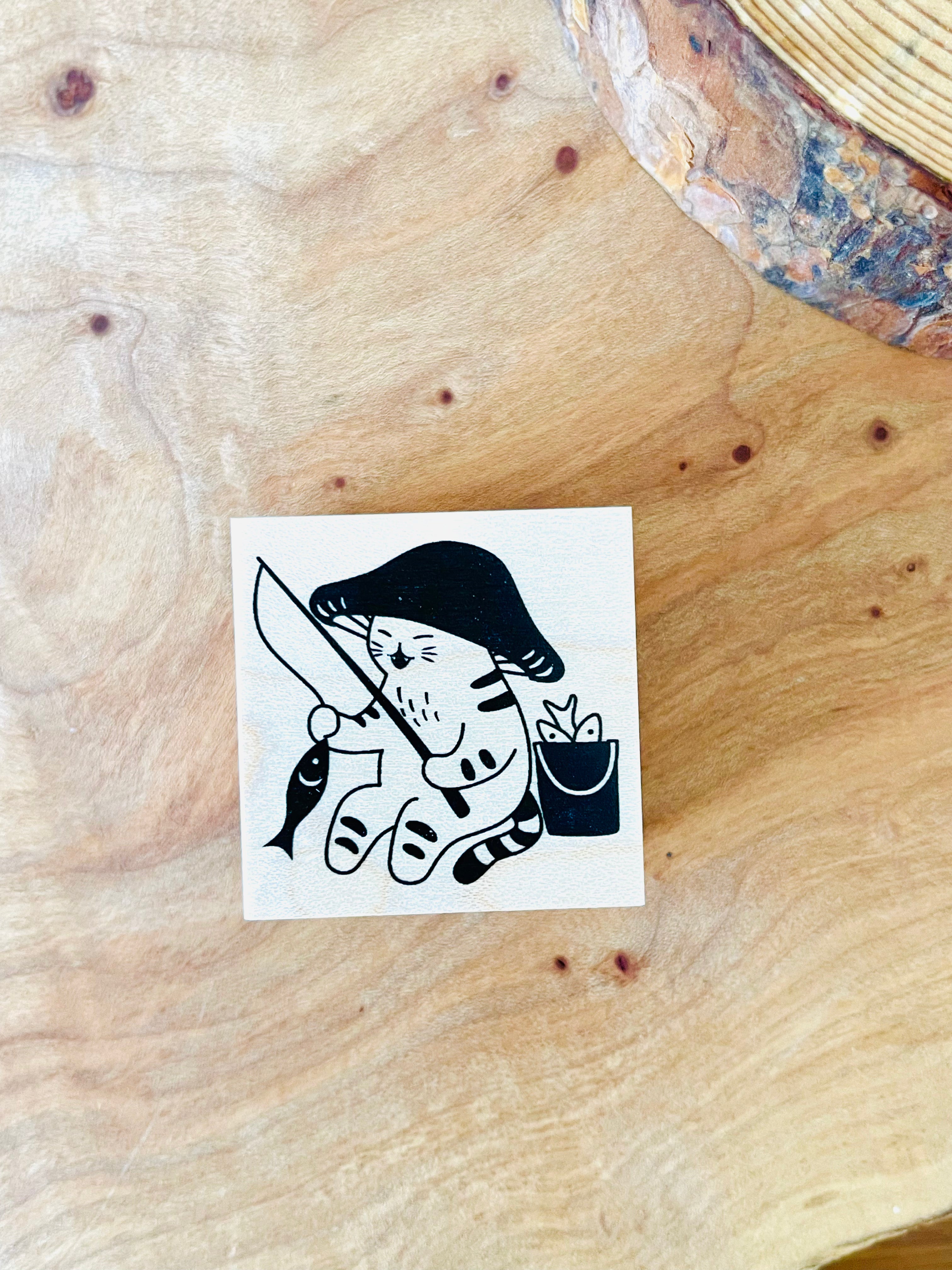 [Mushroom Cat] Gone Fishing rubber stamp