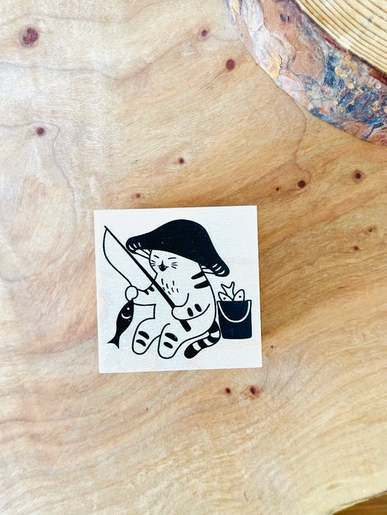 [Mushroom Cat] Gone Fishing rubber stamp