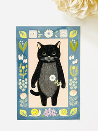 [4legs] Black Cat & Purple Eye African Daisy postcard