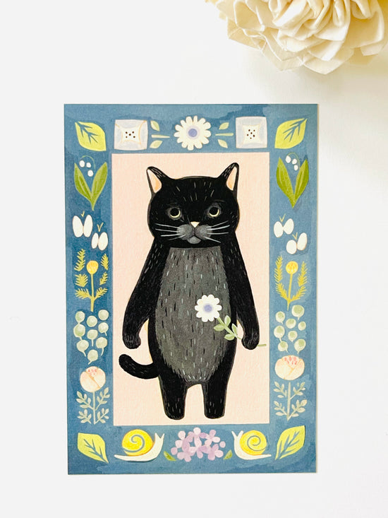 [4legs] Black Cat & Purple Eye African Daisy postcard