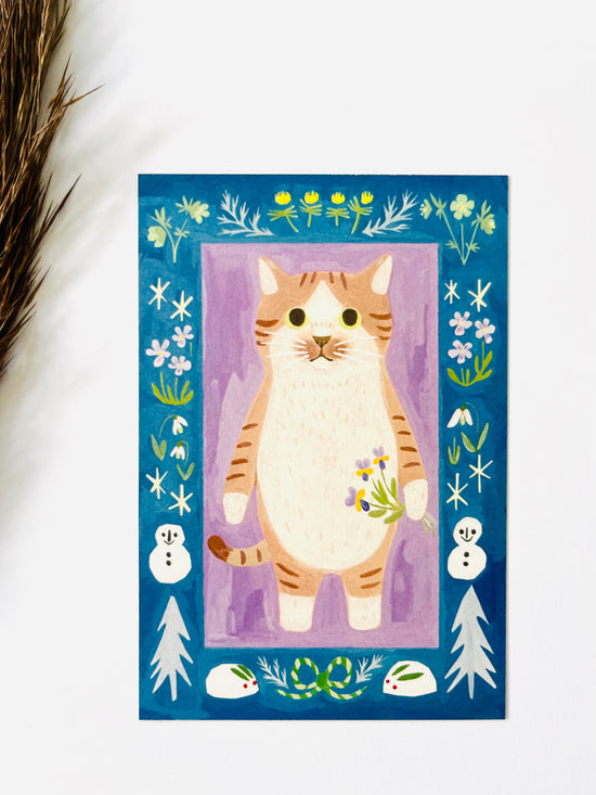 [4legs] White Sock Cat & Peony postcard