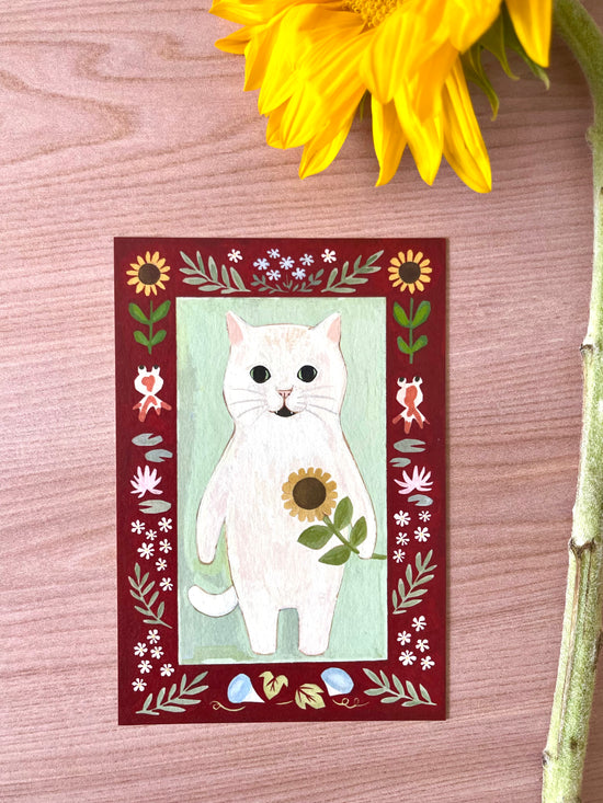 [4legs] White Cat & Sunflower postcard