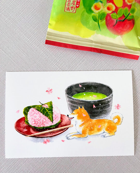 [Natsuka Murata] Shiba Spring Oyatsu series: Matcha & Sakura Mochi postcard