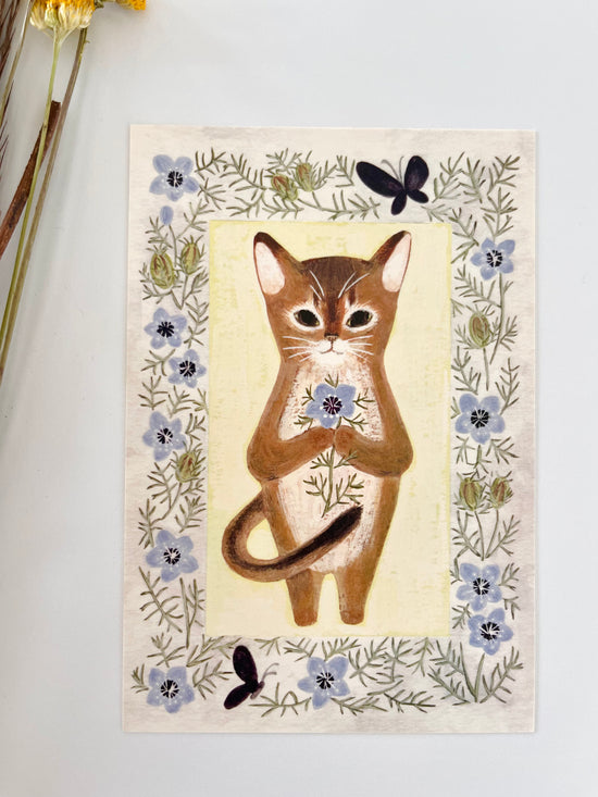 [4legs] Abyssinian & Love-in-a-Mist postcard